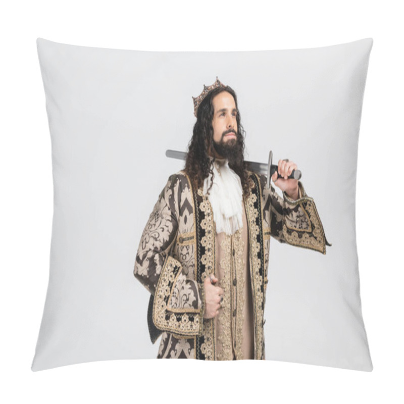 Personality  Hispanic King In Medieval Clothing And Crown Holding Sword While Looking Away Isolated On White Pillow Covers