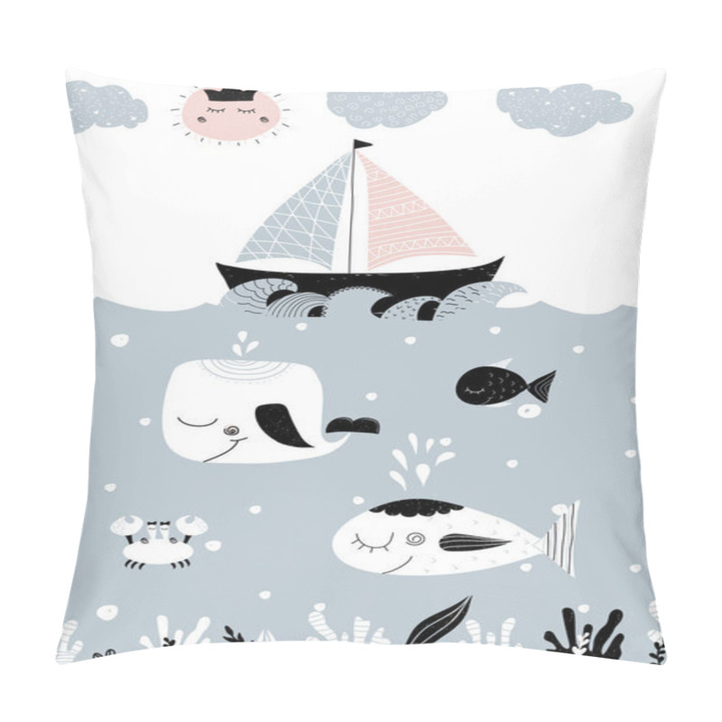 Personality  Hand Drawn Oceanic Landscape With Underwater Creatures, Boat, Sun And Clouds Pillow Covers