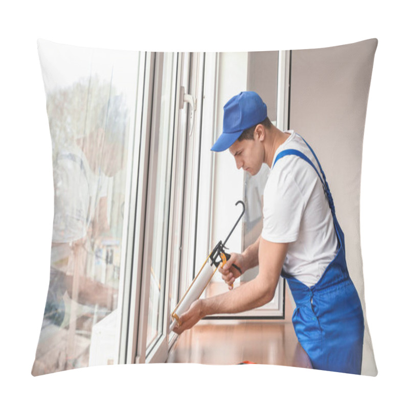 Personality  Male Worker Installing Window In Flat Pillow Covers