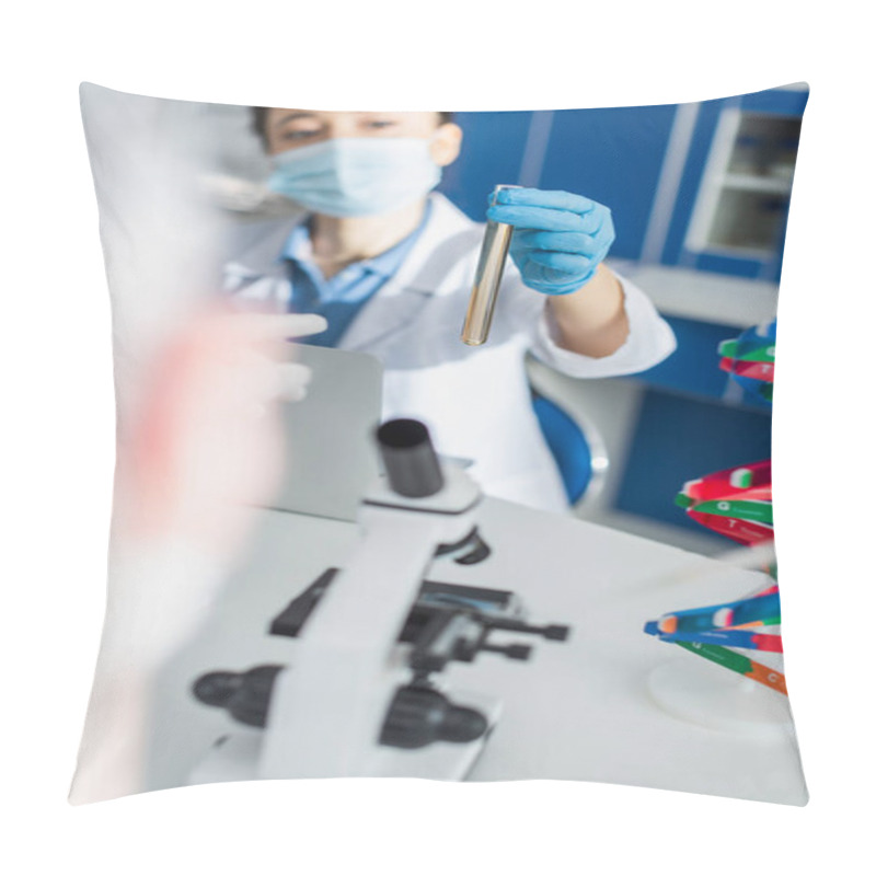 Personality  Blurred Geneticist In Medical Mask Holding Test Tube Near Microscope And Dna Model Pillow Covers