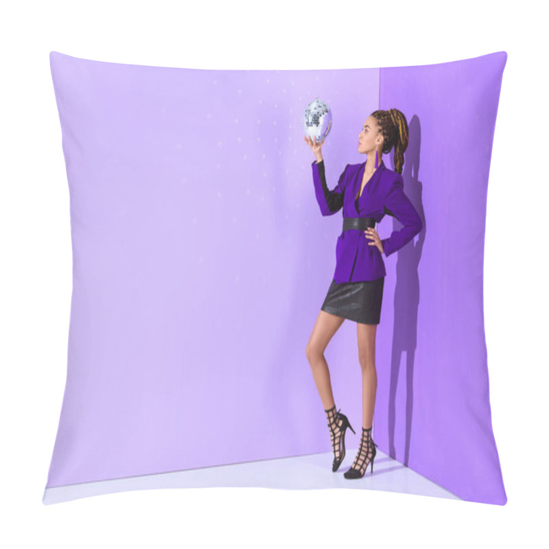 Personality  Fashionable African American Girl Posing In Purple Jacket And Holding Disco Ball At Ultra Violet Wall  Pillow Covers