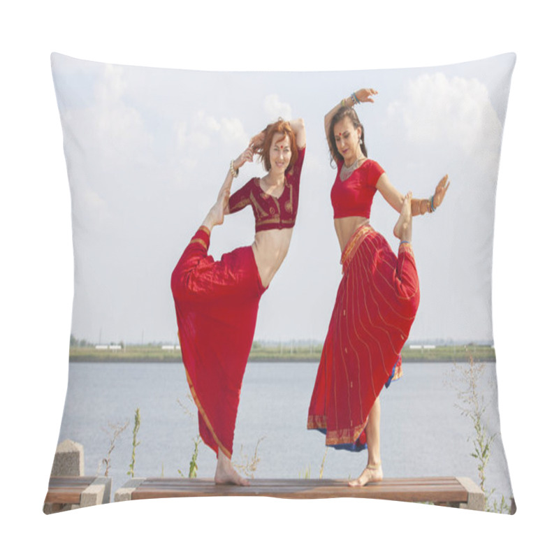 Personality  Pair Of Girls Practice Yoga. Women In A Traditional Saree. Pillow Covers