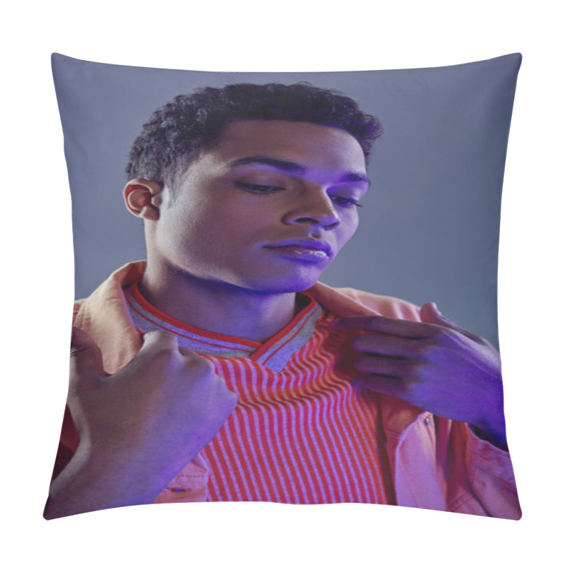 Personality  Portrait Of Handsome African American Man In Peach Shirt Posing On Grey Background With Blue Light Pillow Covers