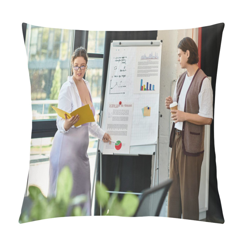 Personality  A Confident Young Woman Engages Her Male Friend With A Business Presentation In An Office Setting. Pillow Covers