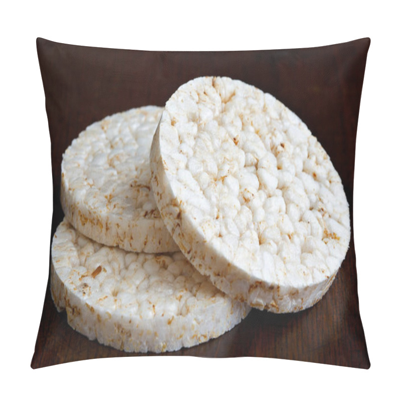 Personality  Pile Of Three Puffed Rice Cakes Isolated On Dark Wood. Pillow Covers