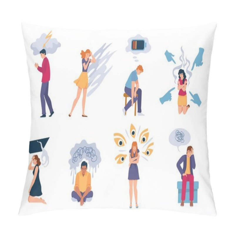 Personality  Depressed People. Exhausted Lonely Sad Woman And Man With Anxiety, Depression, Mental Disorders And Stress. Psychology Problems Vector Set Pillow Covers