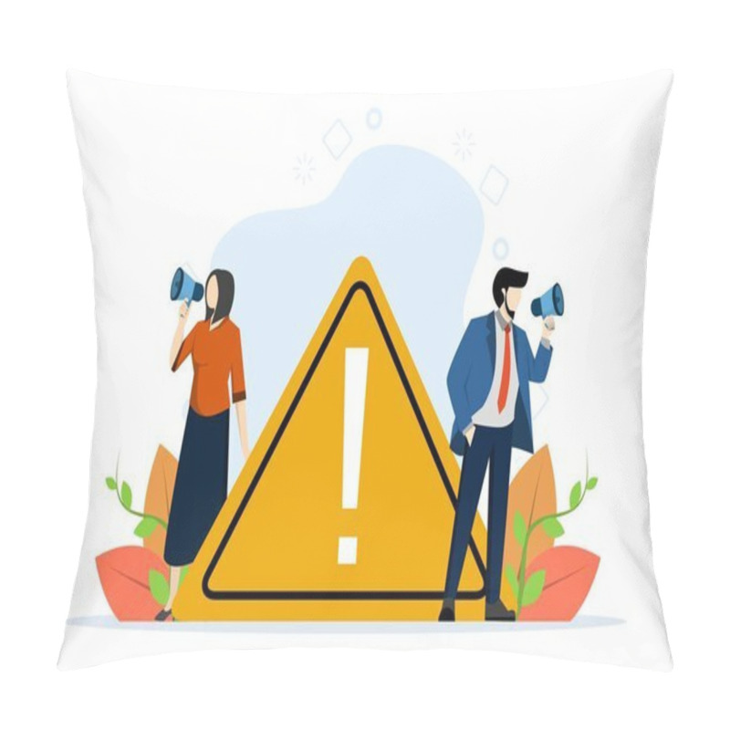 Personality  Concept Of Important Announcement, Attention Or Warning Information, Latest News Or Urgent Message Communication, Alert And Be Careful, Business People Announce In Megaphone With Exclamation Mark. Pillow Covers