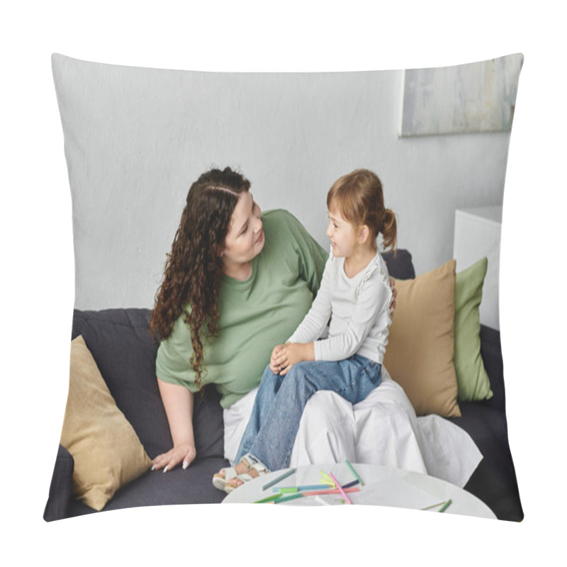 Personality  A Warm Plus Size Mom And Her Daughter Share A Fun Chat Together. Pillow Covers