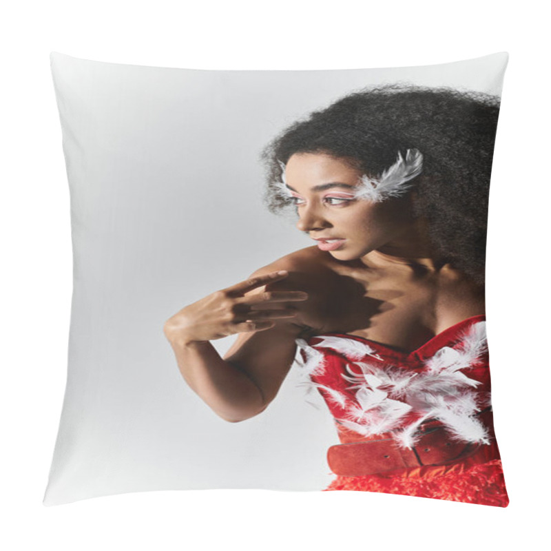 Personality  A Young Woman Exudes Confidence In A Vibrant Red Outfit Adorned With Feathers, Showcasing Elegance. Pillow Covers