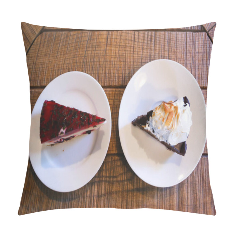 Personality  Top View Of Two Different Pieces Of Pie On Plates That Stand On Pillow Covers