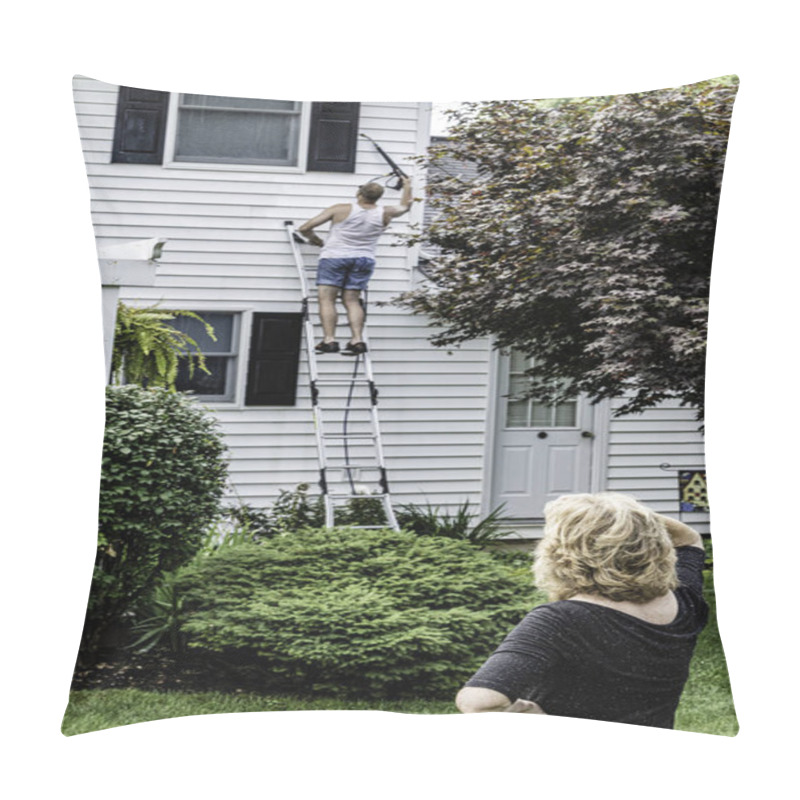 Personality  Man In Shorts On Ladder Power Washing White Two Story Home While Woman Watches Near Tree In Landscaped Back Yard On Sunny Summer Day Pillow Covers