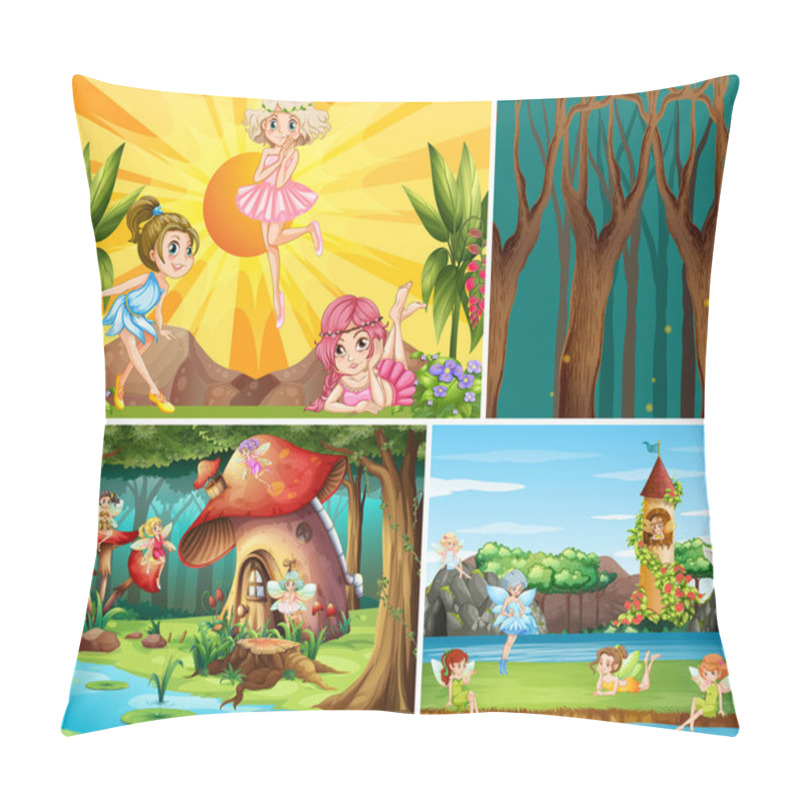 Personality  For Different Scene Of Fantasy World With Fantasy Places And Fantasy Character Such As Pumpkin House And Fairies Illustration Pillow Covers