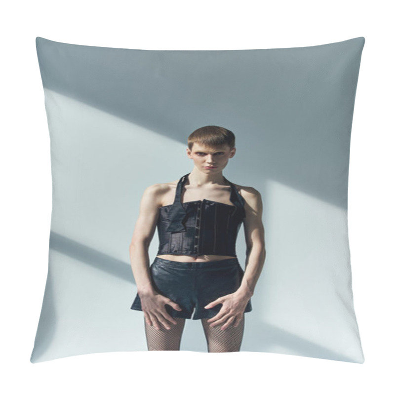 Personality  Androgynous Model In Corset And Shorts Posing On Grey Backdrop With Shadows, Lgbt, Queer Fashion Pillow Covers