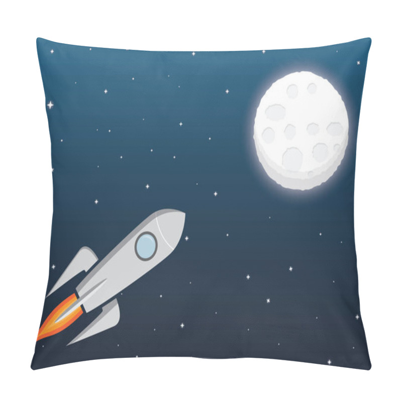 Personality  A Rocket Spaceship To The Moon In Cartoon Style. Spacecraft, Space, Moon And Stars. Space Background Vector Illustration. Pillow Covers