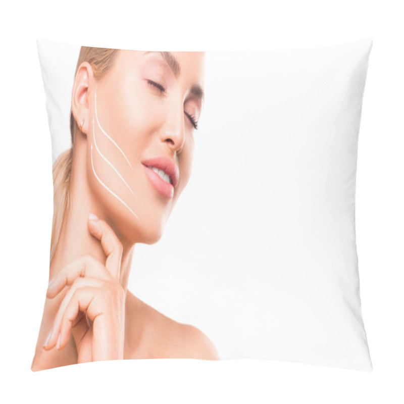 Personality  Smiling Woman With A Lines On The Face. Isolated On White Pillow Covers