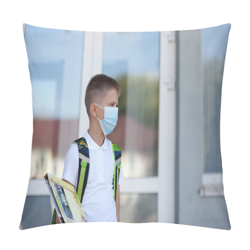 Personality  Back To School. Boy Wearing Mask And Backpacks Protect And Safety From Coronavirus. Child Going School After Pandemic Over. Standing Near School. Students Are Ready For New Year. Pillow Covers