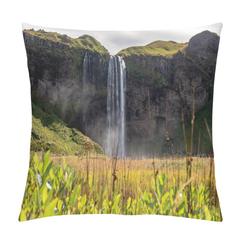 Personality  Scenic View Of Serene Seljalandsfoss Waterfall Cascades Over Lush Greenery, Surrounded By Dramatic Cliffs Under A Breathtakingly Vibrant Sunset Sky In Area Of Golden Circle In Iceland Pillow Covers