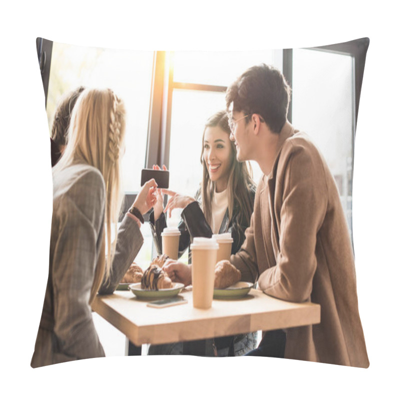 Personality  Girl Showing Something On Smartphone Pillow Covers