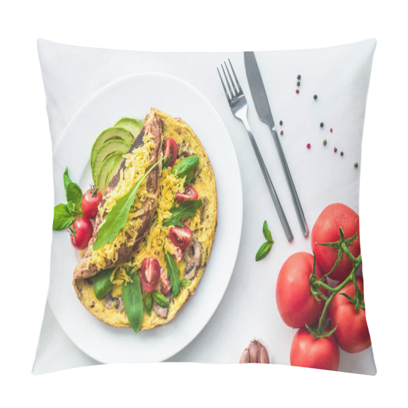 Personality  Flat Lay With Omelette With Cherry Tomatoes, Avocado Pieces And Cutlery On White Marble Surface Pillow Covers