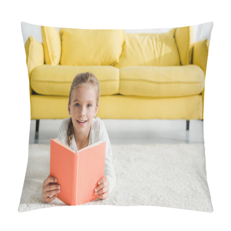 Personality  Happy Kid Holding Book White Lying On Carpet Near Yellow Sofa  Pillow Covers