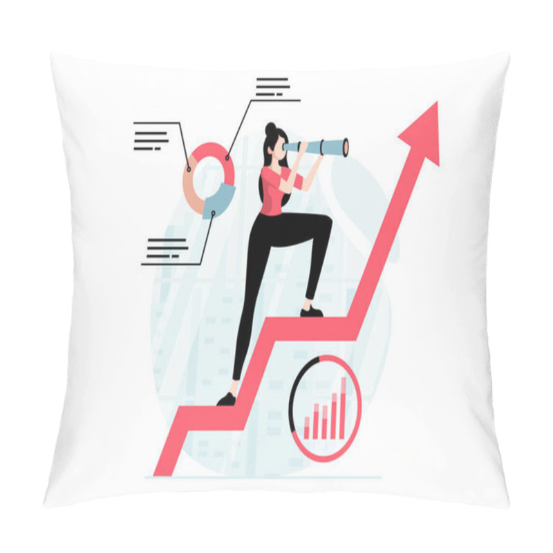 Personality  Strategic Planning Concept With People Scene In Flat Design. Woman Finds New Opportunities, Plans Strategy For Development And Profit Growth. Vector Illustration With Character Situation For Web Pillow Covers