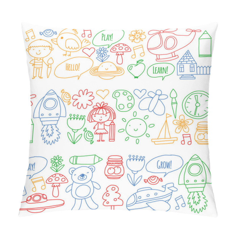 Personality  Vector Icons And Elements. Kindergarten, Toys. Little Children Play, Learn, Grow Together. Pillow Covers