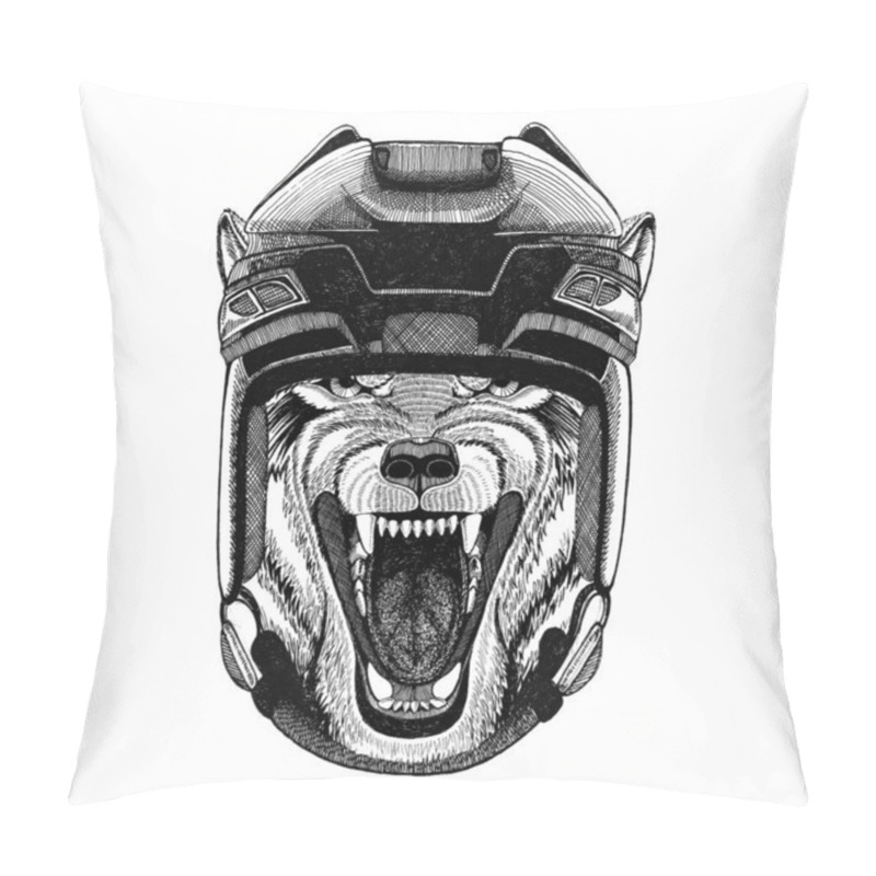 Personality  Wolf Dog Wild Animal Hockey Image Wild Animal Wearing Hockey Helmet Sport Animal Winter Sport Hockey Sport Pillow Covers