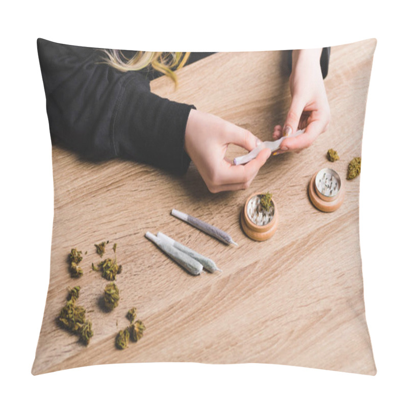 Personality  Partial View Of Girl Rolling Joint From Medical Marijuana Pillow Covers