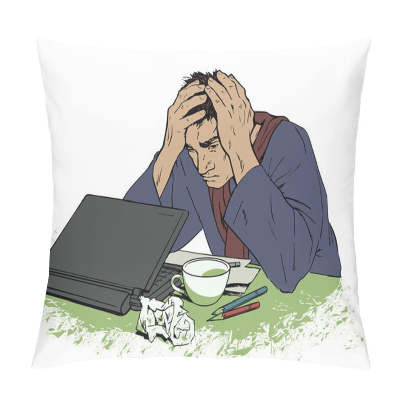 Personality  Man In Despair Sitting At A Computer. Headache Pillow Covers