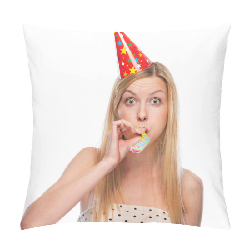 Personality  Portrait Of Teenage Girl In Cap Blowing In Party Horn Blower Pillow Covers