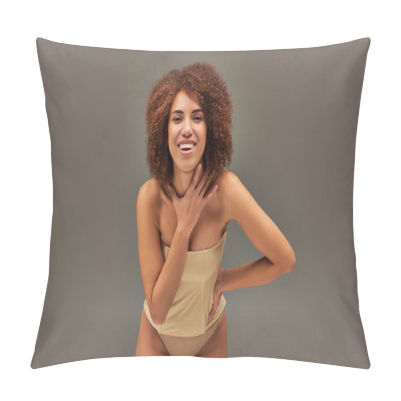 Personality  Happy Attractive African American Woman In Pastel Underwear Smiling Cheerfully, Fashion Concept Pillow Covers