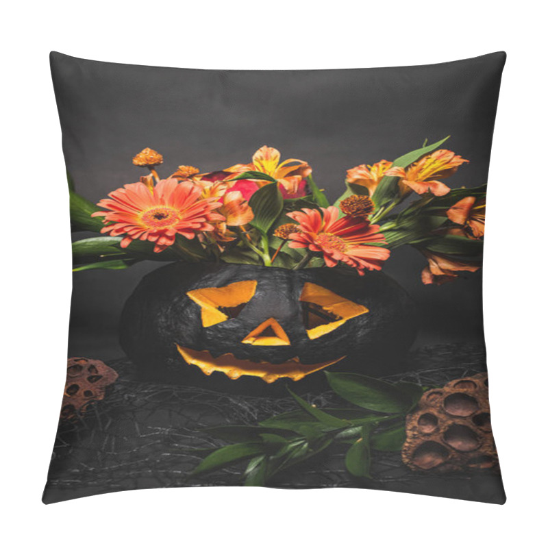 Personality  Orange Flowers With Green Leaves In Spooky And Carved Pumpkin On Black Background  Pillow Covers