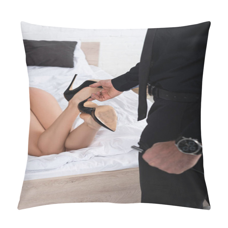 Personality  Partial View Of Sexy Girl Lying On Bed And Man With Flogging Whip Touching Female Leg In Bedroom Pillow Covers