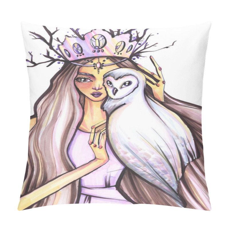 Personality  Hand Drawing Stylized Portrait Of A Girl In A Lilac Dress And Brown Hair With A White Polar Owl Mystical Image Of A Forest Fairy Pillow Covers