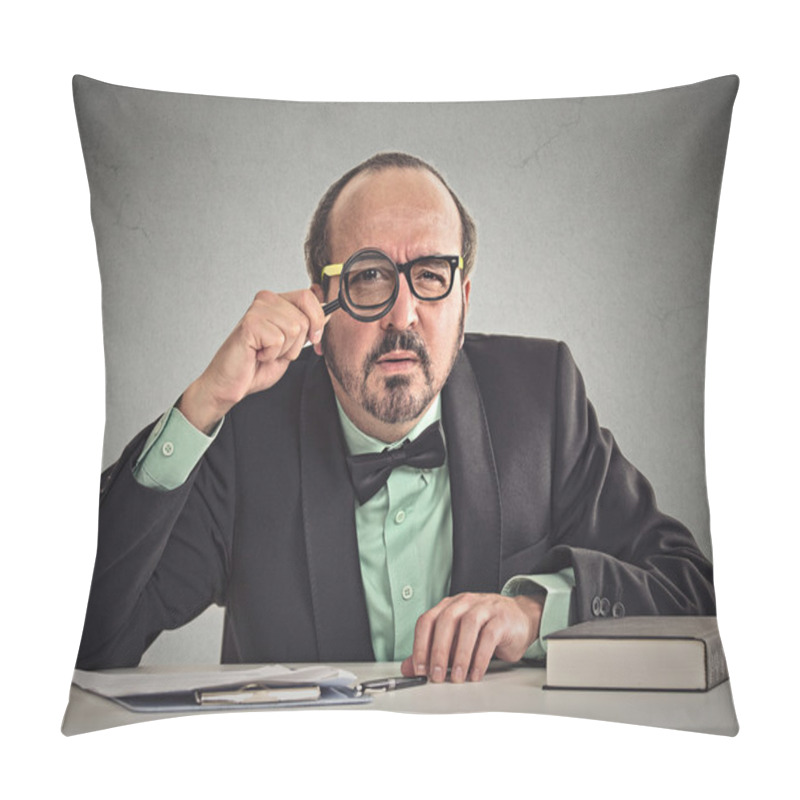 Personality  Businessman Skeptically Looking At You Through Magnifying Glass  Pillow Covers