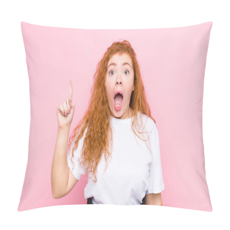 Personality  Young Red Head Woman Feeling Like A Happy And Excited Genius After Realizing An Idea, Cheerfully Raising Finger, Eureka! Against Pink Wall Pillow Covers