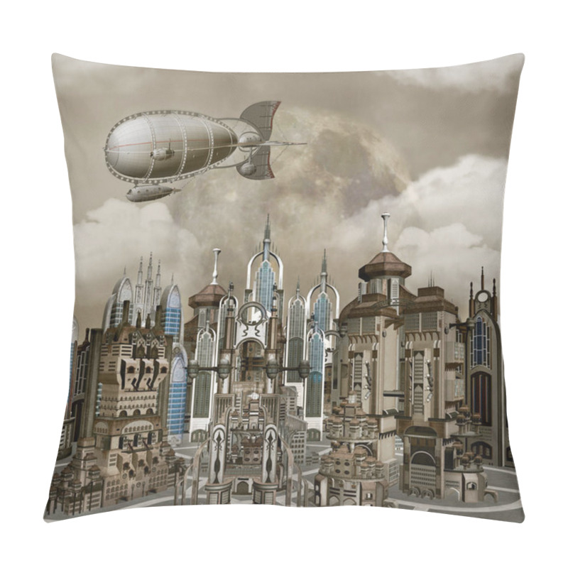 Personality  Panoramic View Of A Modern Town With A Flying Airship  3D Illustration Pillow Covers