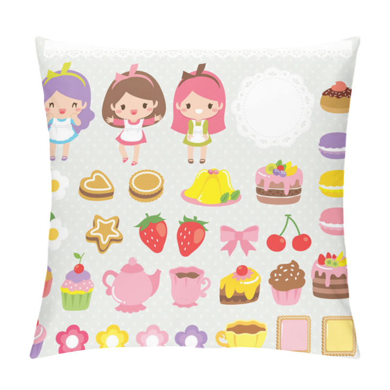 Personality  Cute Food Clipart Set With Girls, Sweets, Cakes, Teacups And Lace Ornaments Pillow Covers