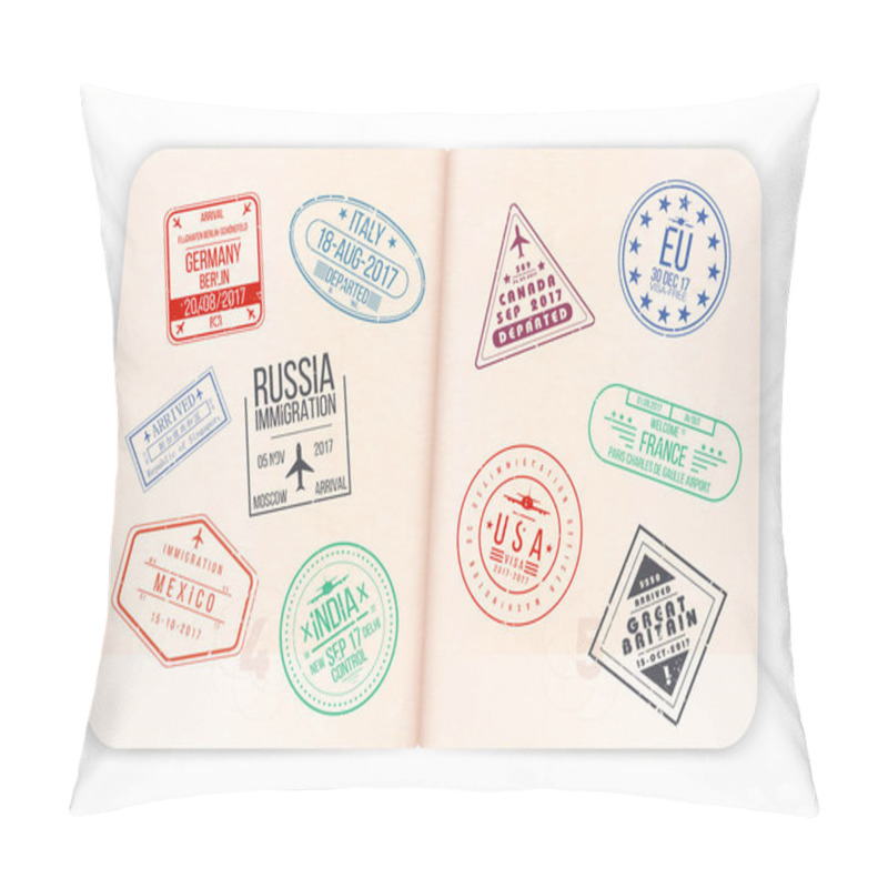 Personality  Vector Passport With Visa Stamps. Open Passport Pages With Airport Visa Stamps And Watermarks Pillow Covers