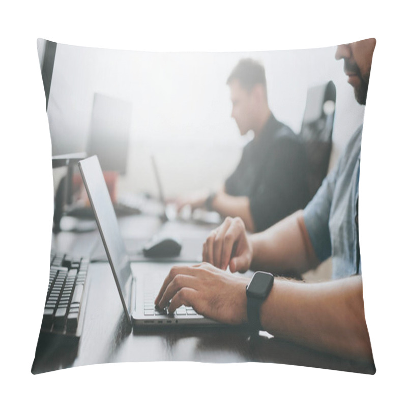 Personality  Portrait Of Two Professional Male Programmers Working On Computer In Diverse Offices. Modern IT Technologies, Development Of Artificial Intelligence, Programs, Applications And Video Games Concept Pillow Covers