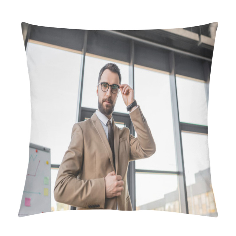 Personality  Confident Manager In Stylish Formal Wear Adjusting Eyeglasses And Looking At Camera Near Flip Chart With Business Planning And Analytics On Background  Pillow Covers