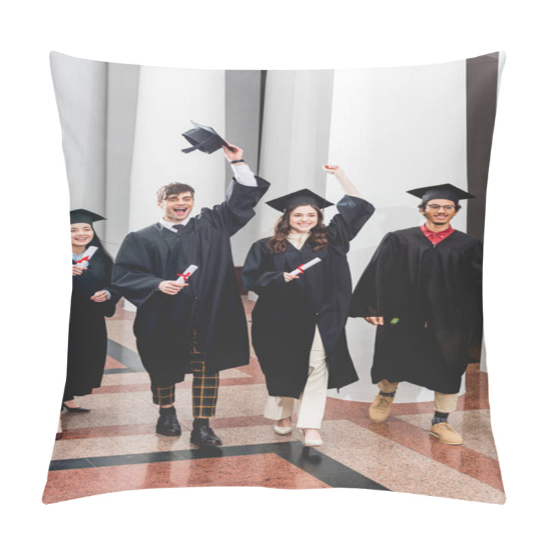 Personality  Cheerful Group On Students Gesturing And Celebrating Graduation While Holding Diplomas  Pillow Covers