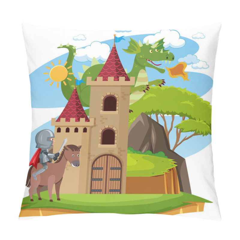 Personality  Knights Fight With Dragon At The Castle Illustration Pillow Covers