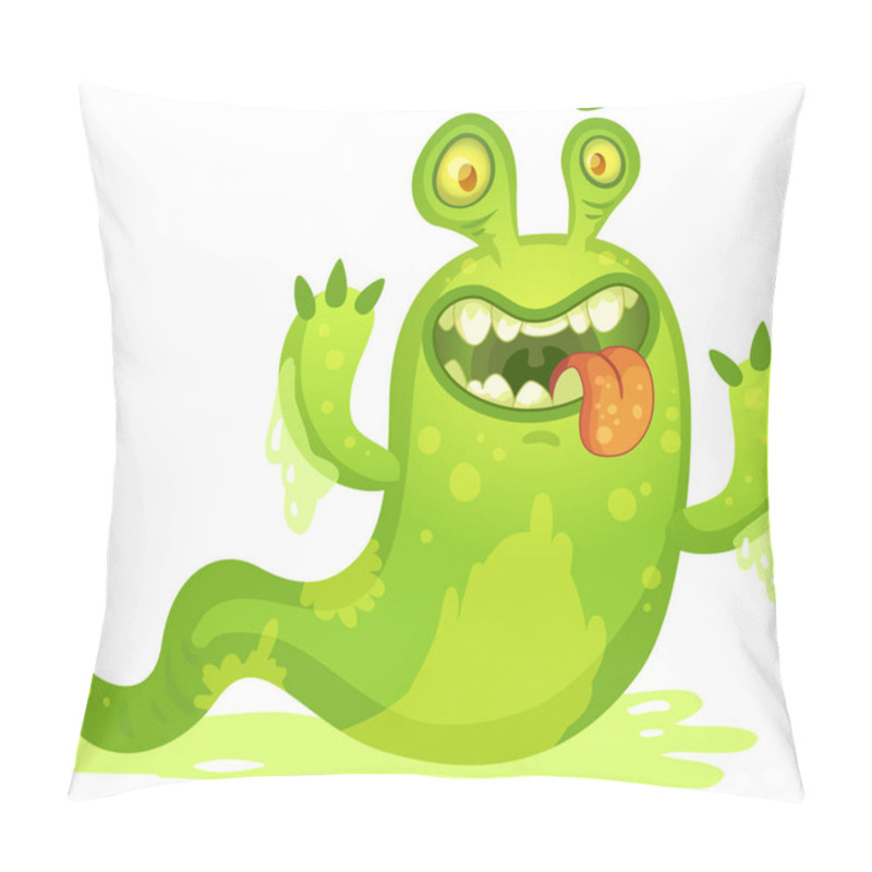 Personality  Slimy Green Cartoon Monster With Two Eyes, A Long Tail Sticking Out Its Tongue And Showing Sharp Teeth While Standing On A Puddle Of Slime Pillow Covers