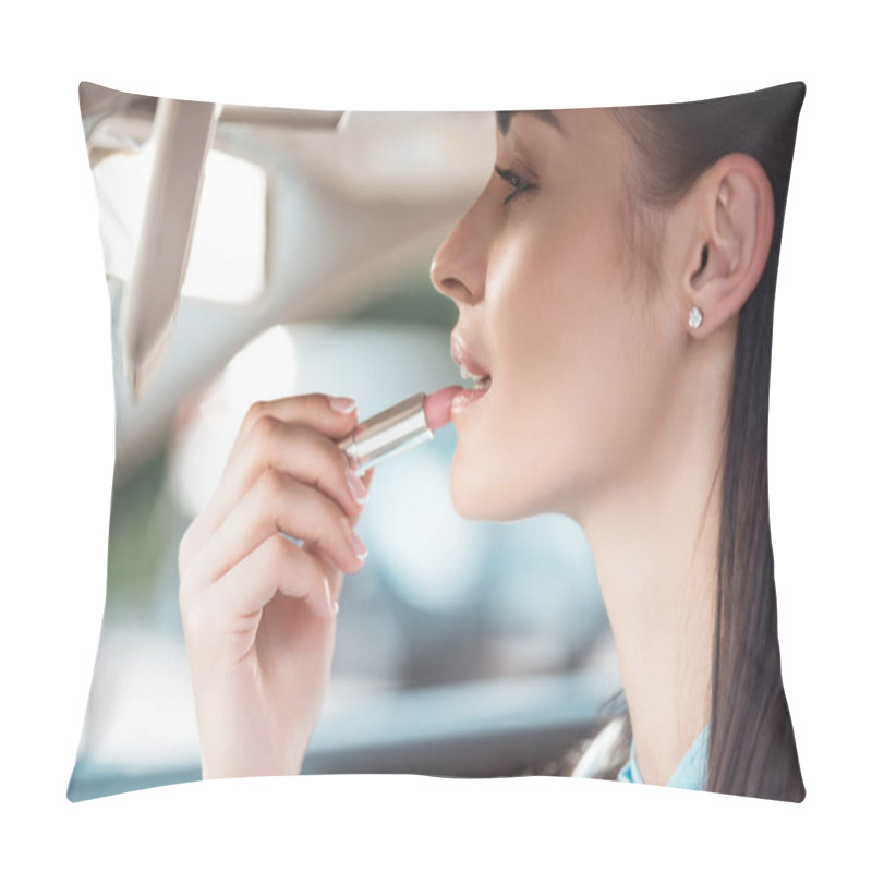 Personality  Woman Applying Lipstick In Car Pillow Covers