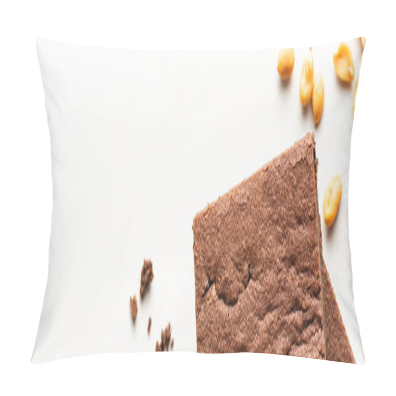 Personality  Top View Of Delicious Brownie Pieces And Peanuts On White Background, Panoramic Shot Pillow Covers