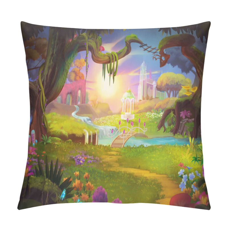 Personality  Fantasy Land, Grass And Hill, River And Tree With Fantastic, Realistic Style. Video Game's Digital CG Artwork, Concept Illustration, Realistic Cartoon Style Scene Design Pillow Covers