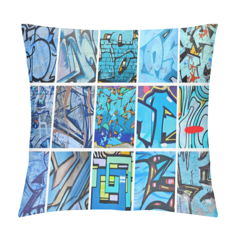 Personality  A Set Of Many Small Fragments Of Graffiti Drawings. Street Art Abstract Background Collage In Blue Colors Pillow Covers