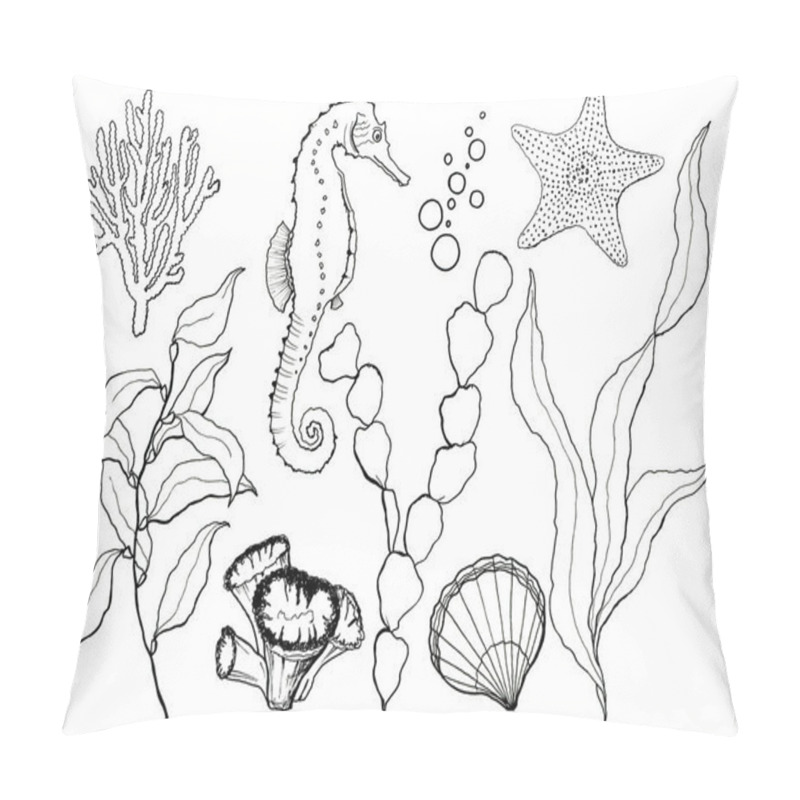 Personality  Sketch Underwater Set. Hand Painted Seahorse, Laminaria, Starfish And Shell Isolated On White Background. Line Art Aquatic Illustration For Design, Print Or Background. Pillow Covers