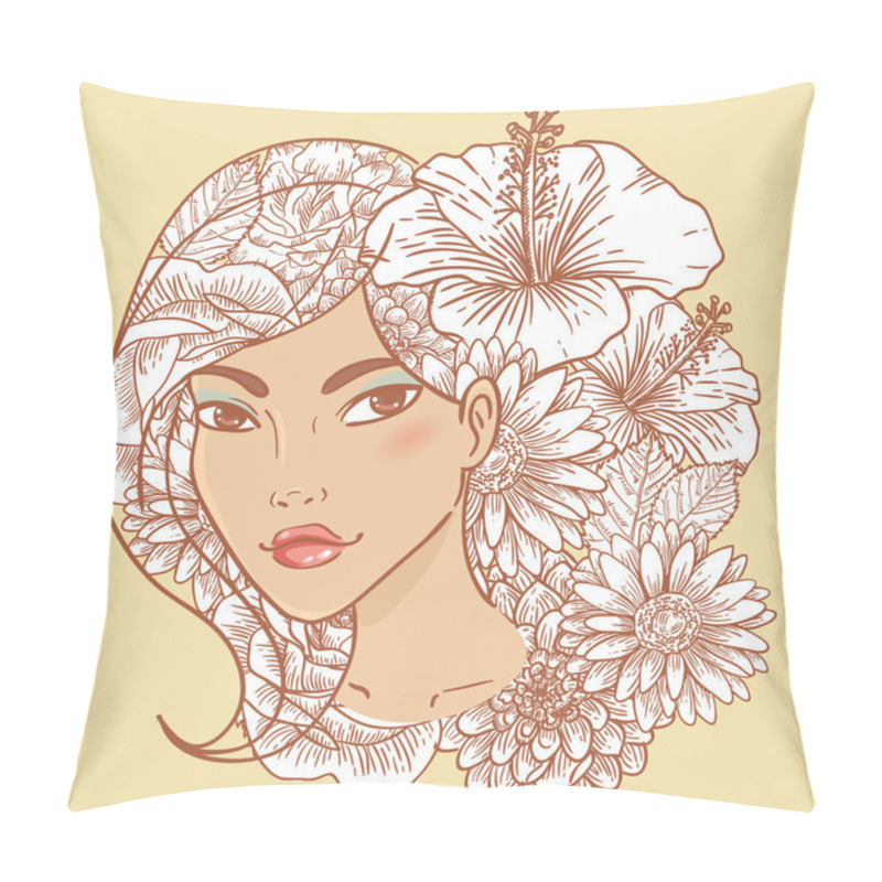 Personality  Attractive Smiling Young Woman With Floral Hair Pillow Covers